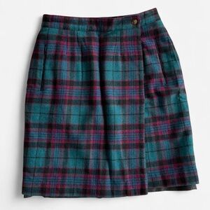 Vintage Aqua Green Burgundy Black Purple Plaid Wool Schoolgirl Wrap Skirt